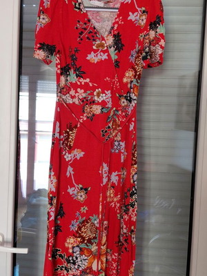 Women's red floral dress, asymmetric hem, with belt, size S