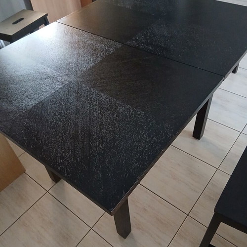 Extendable kitchen table used, black with silver drawer