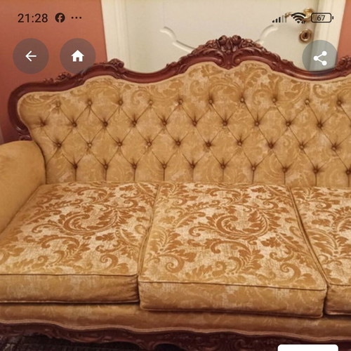 Handmade three-seater sofa like new with walnut wood and rose design