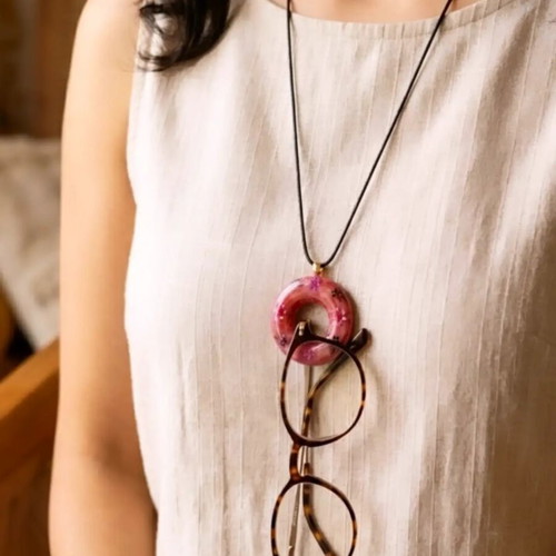 Handmade ceramic necklace with hanging glasses holder, floral apple color