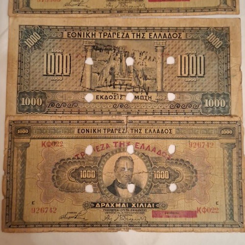 Set of 3 cancelled 1000 Drachma banknotes 1926