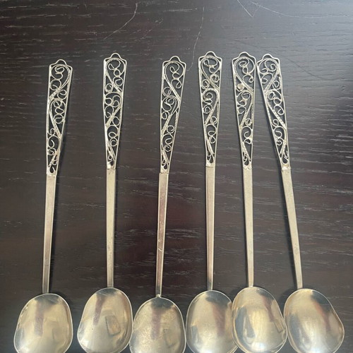 Antique filigran spoons used, set of 6 with slender handle