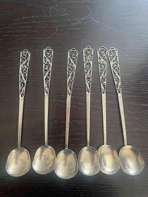 Antique filigran spoons used, set of 6 with slender handle