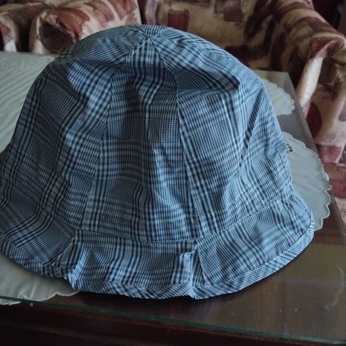 Children's bucket hat "идиотка" used, blue checkered cotton