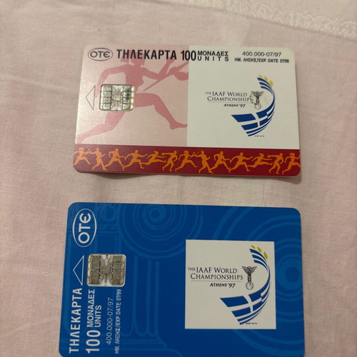 IAAF World Championships Athens '97 phone cards used, set of 2