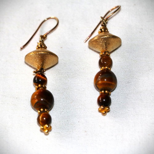Gold earrings with tiger's eye and 22K gold-plated clasp new