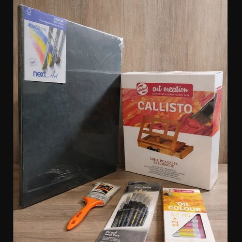 Painting set with easel, canvas, brushes, oil paints & palette new