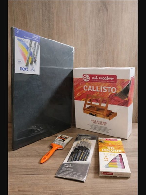 Painting set with easel, canvas, brushes, oil paints & palette new