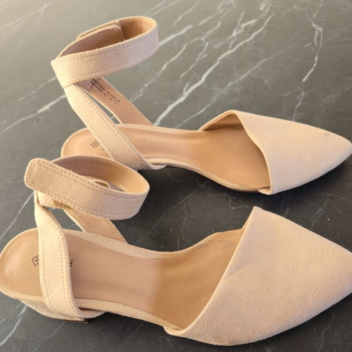 Call It Spring beige faux suede pumps with ankle strap, size 39