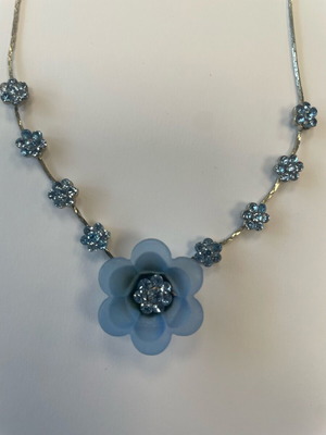 Short metal necklace with blue 3D flower and rhinestones like new