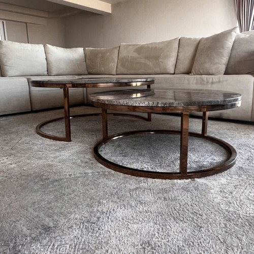 Marble coffee table set with rose gold steel base