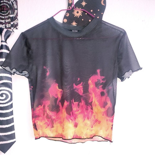 Bershka Mesh See Through Flame T-shirt like new, size XS