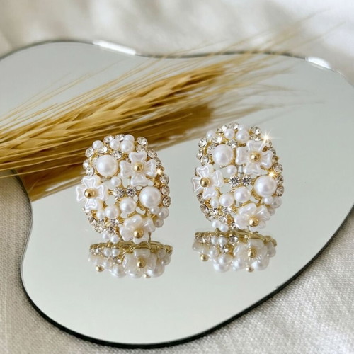 Floral Pearl and Crystal Stud Earrings New, White and Gold