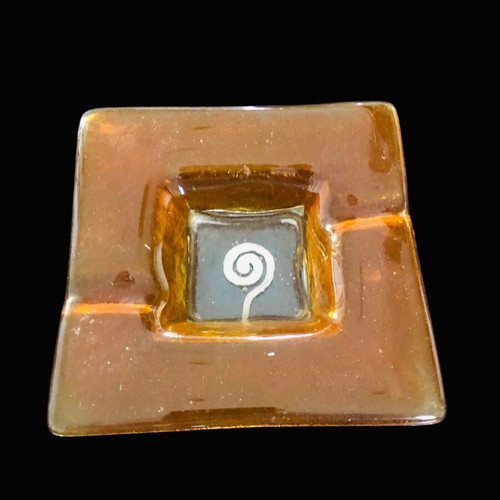 Ashtrays used, set of two square glass orange