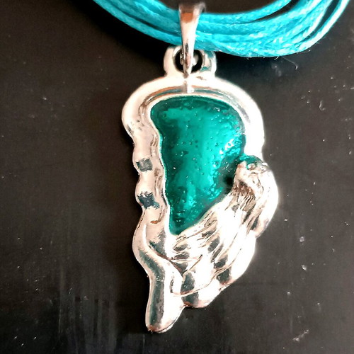 Necklace with turquoise cords and silver asymmetrical design with sea stone new