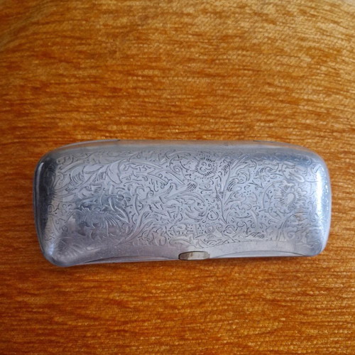 Vintage metal glasses case with embossed floral design, silver, used