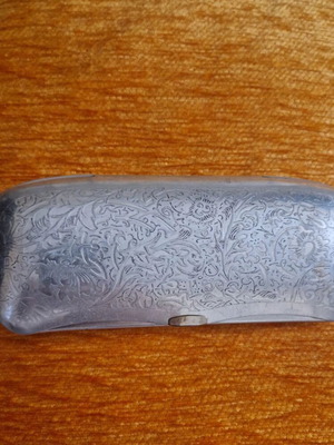 Vintage metal glasses case with embossed floral design, silver, used