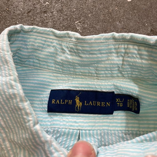 Ralph Lauren Short Sleeve Shirt XL Oxford Light Blue White Pinstripe Pink Logo