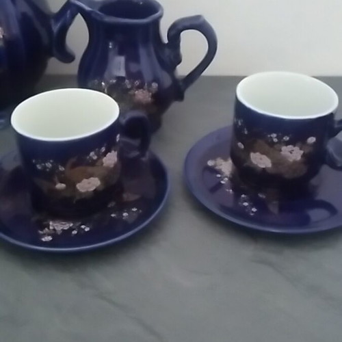 Vintage Yamato 1886 Japan tea set used, 8-piece blue porcelain