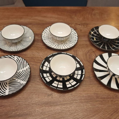 Ceramic coffee set 6 pieces new, black and white design