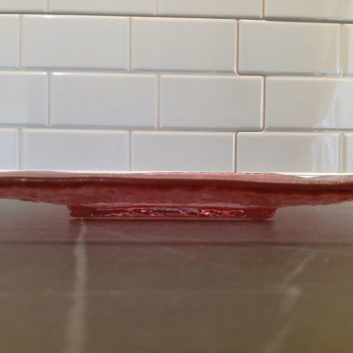 Pink serving platter used, square with embossed design