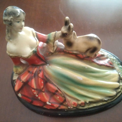 Antique Art deco chalk figurine used, girl with deer