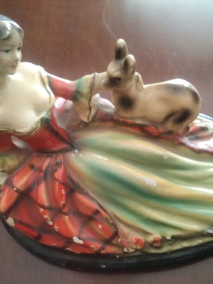 Antique Art deco chalk figurine used, girl with deer