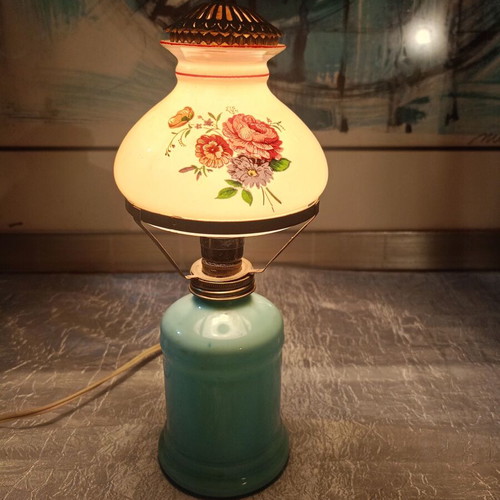 Opaline lamp used with hand-painted shade, shabby chic style