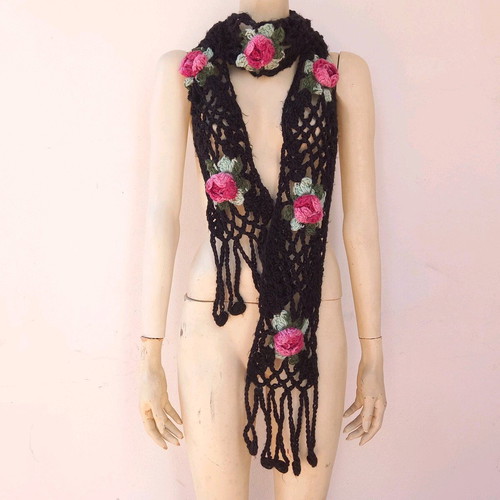 Handmade black scarf with embossed roses new