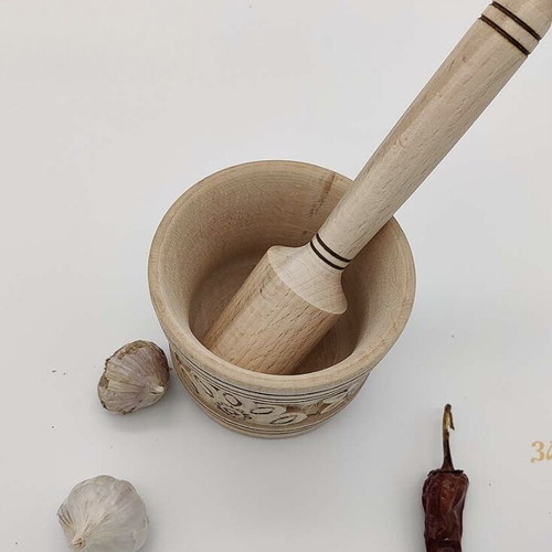 Wooden Bulgarian mortar new with wood carving