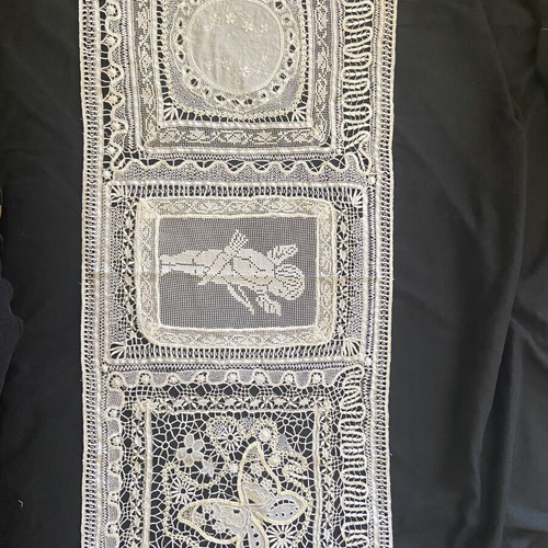 Handmade Tutone lace table runner with butterfly and cherub
