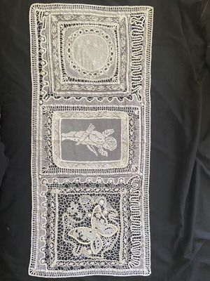Handmade Tutone lace table runner with butterfly and cherub