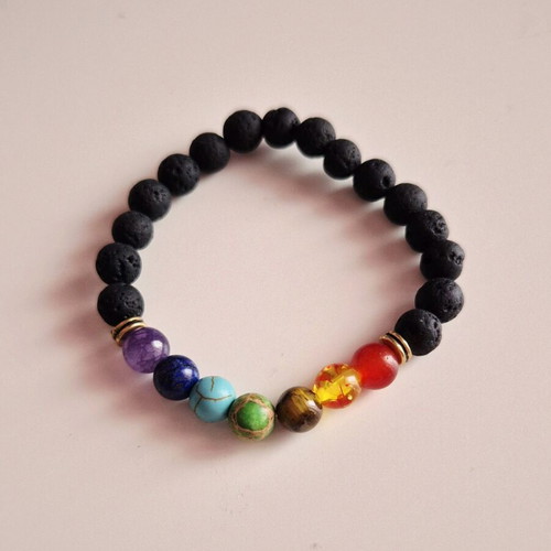 Elastic bracelet with lava beads and 7 chakra beads new