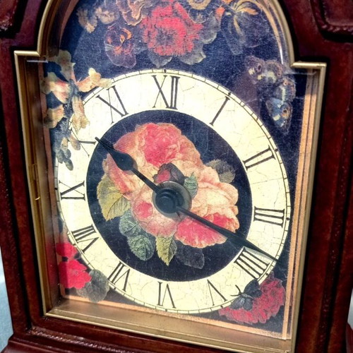 Wooden vintage desk clock with floral dial like new