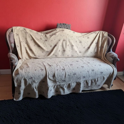 Classic carved sofa with floral upholstery used