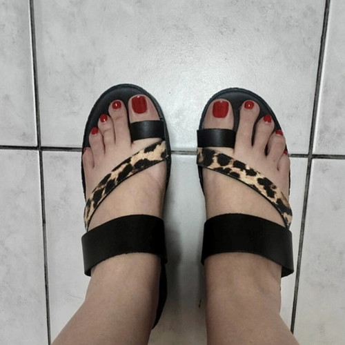 Genuine Leather Handmade Platform Flatform Sandals Black Leopard, Like New