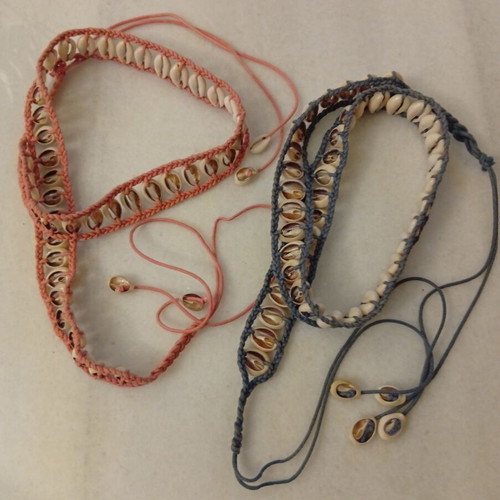 Boho belts with real shells, used, adjustable size, pink and blue