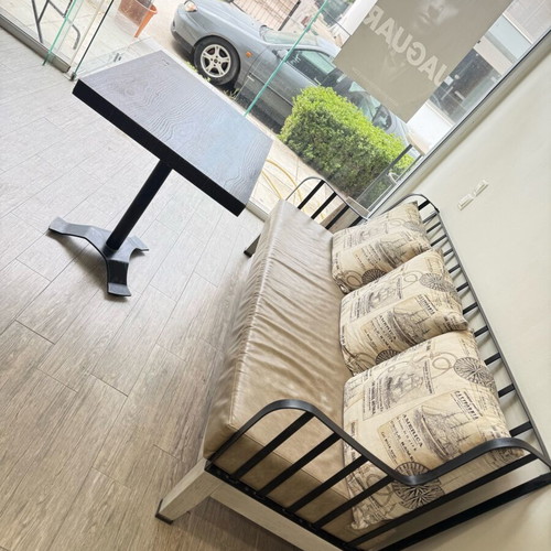 Hair salon equipment used with Electra sofa, table, mirrors, sinks, shelves