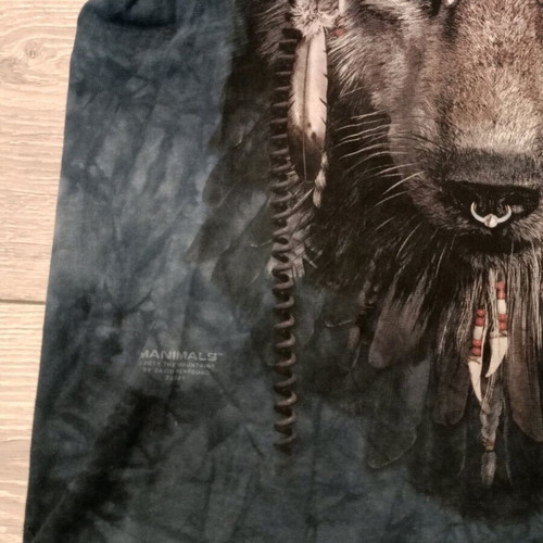 The Mountain T-shirt with wolf print and headphones, used, indigo tie-dye