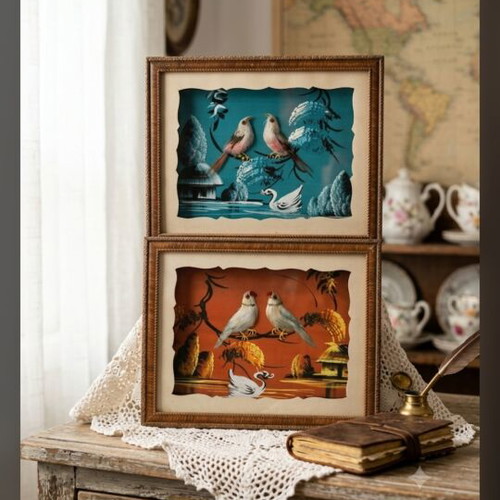 Vintage set of 2 Chinese 3D Feather Art wall frames (1960s-70s)
