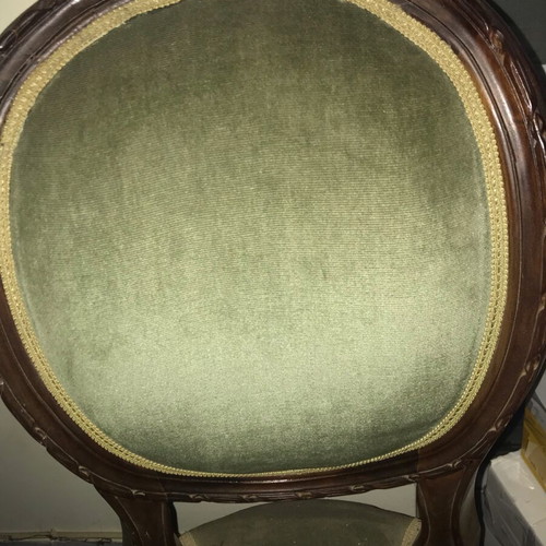 Vintage dining chair used, handmade walnut wood, olive velvet fabric