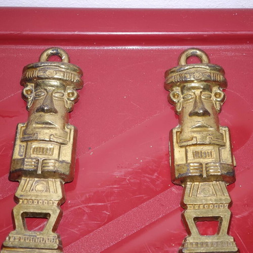 Vintage brass serving spoon and fork set with Aztec motifs