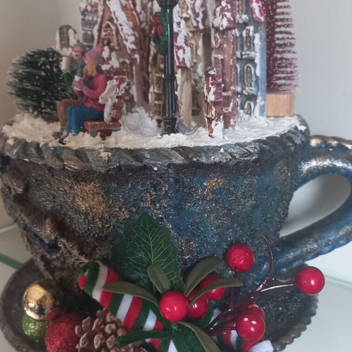 Handmade Christmas village on ceramic cup new