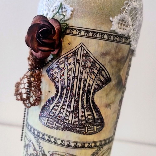 Handmade Decorative Sealed Wine Bottle Vintage Decoupage with Lace and Corset