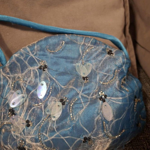 Handheld bag embroidered with beads and sequins like new, blue