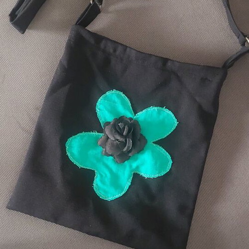Handmade Black Fabric Crossbody Bag like new with Turquoise Flower