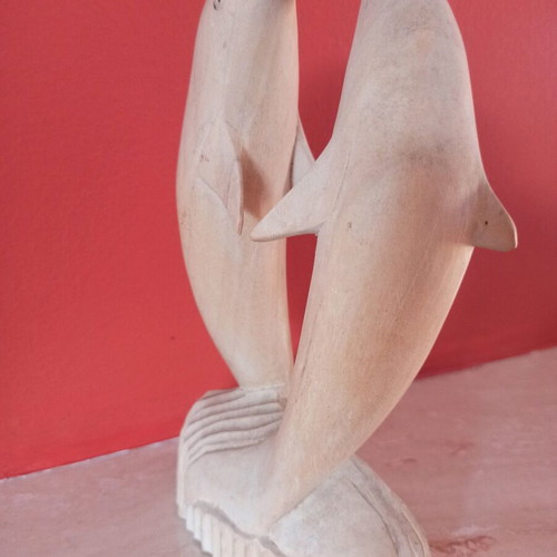 Wooden dolphins decorative sculpture used, height 21 cm