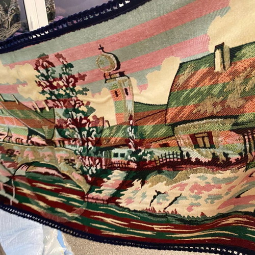 Handmade vintage wall hanging rug with village design like new