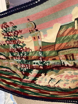 Handmade vintage wall hanging rug with village design like new
