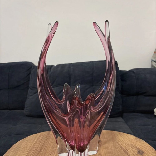 Josef Hospodka for Chřibská Pink Art Glass Basket Vase 1960s like new
